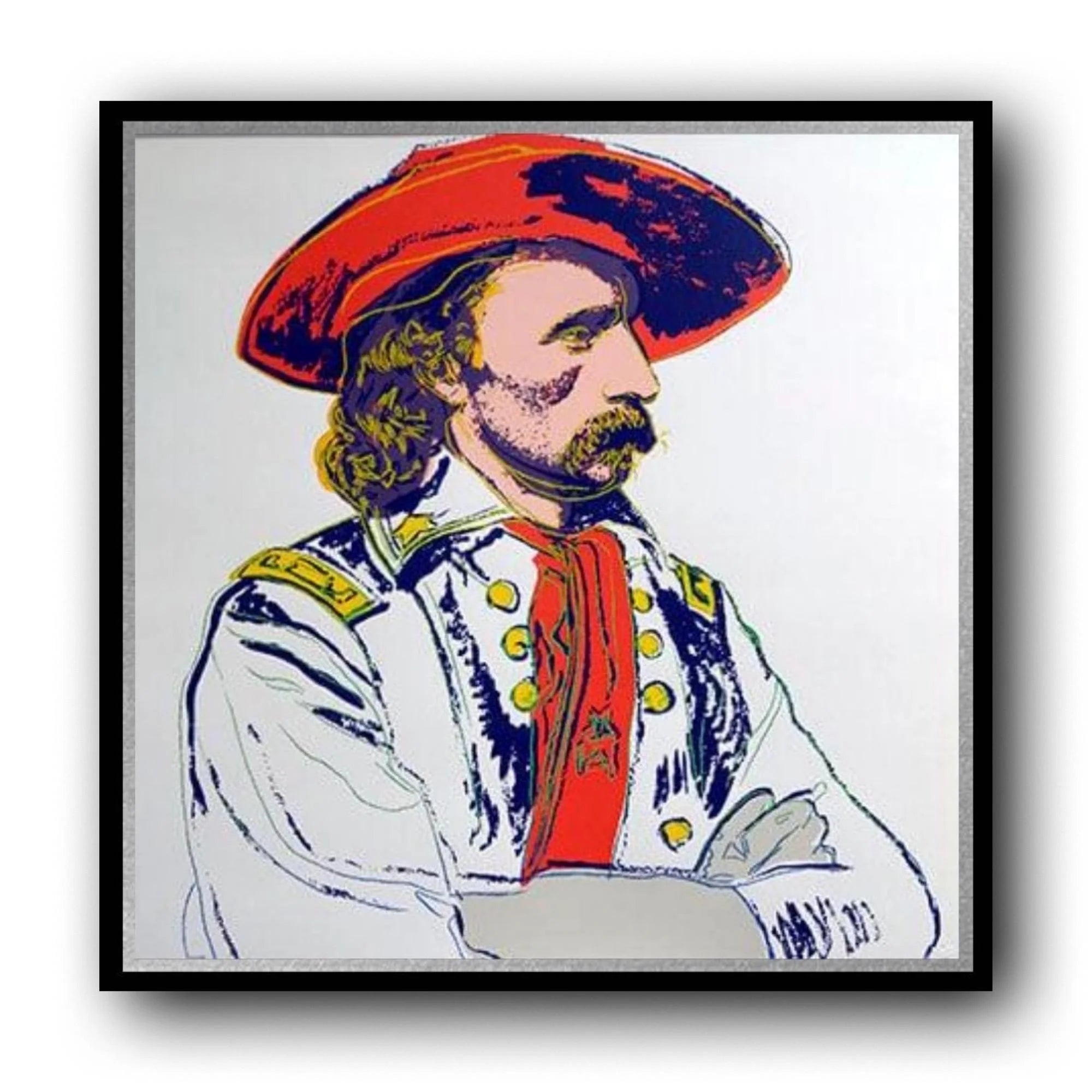 Framed artwork of a person in military uniform with a red hat on a white background